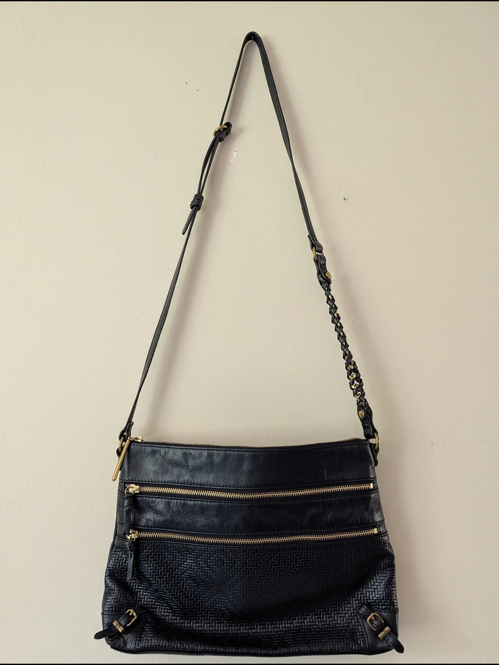Elliott Lucca Black Leather Crossbody Bag with Gold Hardware